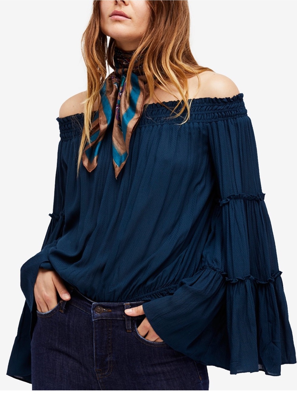 Free People Free Spirit Navy Off Shoulder Bell Sleeve Boho Top S